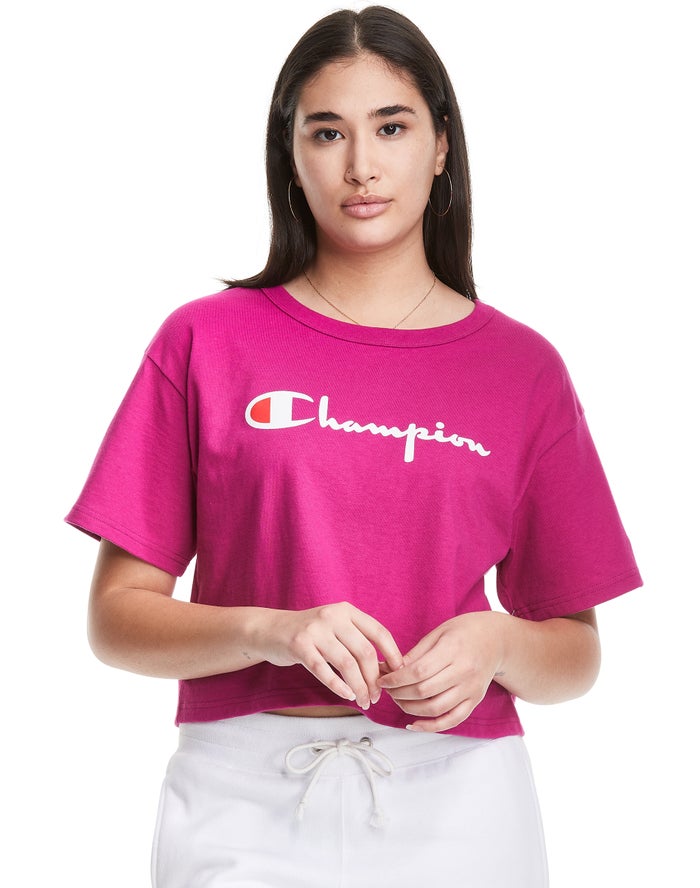 Champion Womens T-Shirt NZ - Heritage Cropped Script Logo Pink ( 5839-HWXSA )